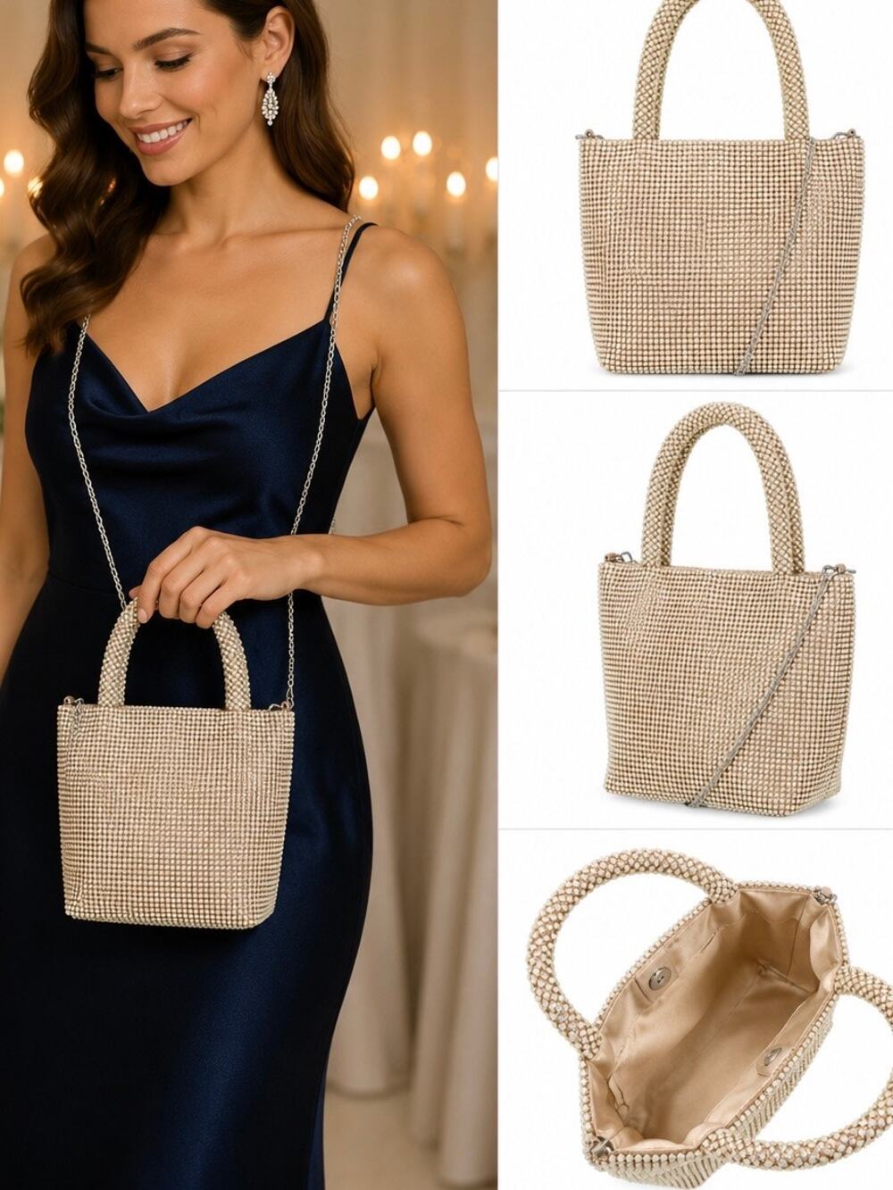 NWT Jessica McClintock Honey AB Crystal Rhinestone Mini Tote Wedding Evening Bag